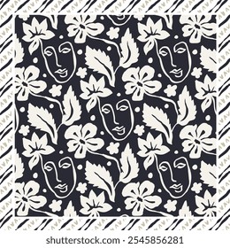 Monochrome black and white brush strokes inky flowers and female faces scarf or bandana design. Abstract floral contemporary background.