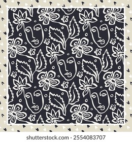 Monochrome black and white brush strokes inky flowers and female faces scarf or bandana design. Abstract floral contemporary background.