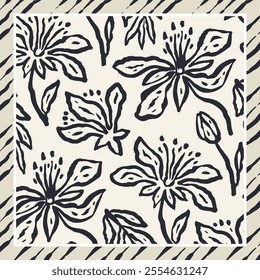 Monochrome black and white brush strokes inky flowers scarf or bandana design. Abstract floral contemporary minimalist background.