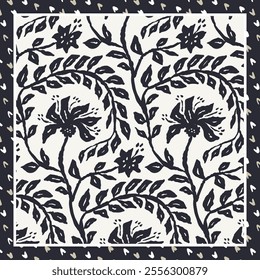 Monochrome black and white brush strokes inky trailing flowers scarf or bandana design. Abstract floral contemporary minimalist background.