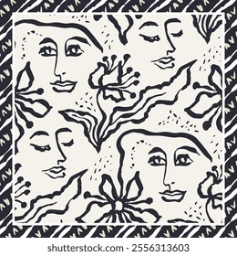 Monochrome black and white brush strokes inky flowers and female faces scarf or bandana design. Abstract floral contemporary background.