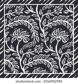 Monochrome black and white brush strokes inky trailing flowers scarf or bandana design. Abstract floral contemporary minimalist background.