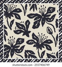 Monochrome black and white brush strokes inky flowers scarf or bandana design. Abstract floral contemporary minimalist background.