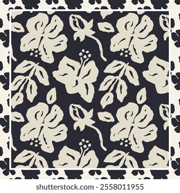 Monochrome black and white brush strokes inky hibiscus flowers scarf or bandana design. Abstract floral contemporary minimalist background.