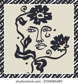 Monochrome black and white brush strokes inky flowers and female faces scarf or bandana design. Abstract floral contemporary background.