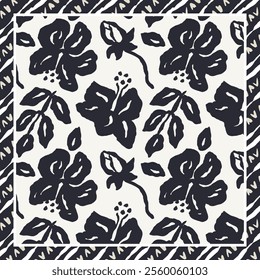 Monochrome black and white brush strokes inky hibiscus flowers scarf or bandana design. Abstract floral contemporary minimalist background.