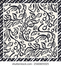 Monochrome black and white brush strokes inky trailing branches scarf or bandana design. Abstract floral contemporary minimalist background.