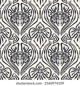 Monochrome black and white brush strokes inky flowers seamless pattern damask style. Abstract modern floral background. Textured botanical minimalist wallpaper