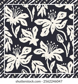 Monochrome black and white brush strokes inky flowers scarf or bandana design. Abstract floral contemporary minimalist background.