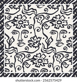 Monochrome black and white brush strokes inky flowers and female faces scarf or bandana design. Abstract floral contemporary background.