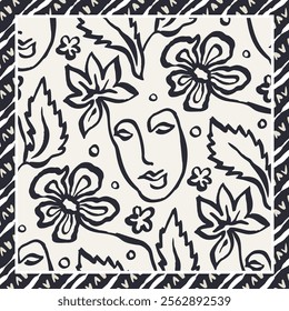 Monochrome black and white brush strokes inky flowers and female faces scarf or bandana design. Abstract floral contemporary background.