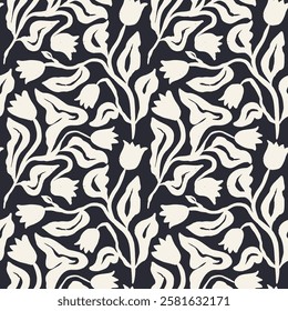 Monochrome black and white brush strokes inky flowers seamless pattern. Abstract floral contemporary background. Textured botanical minimalist wallpaper