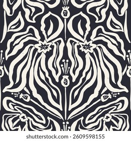 Monochrome black and white brush strokes inky flowers seamless pattern damask style. Abstract modern floral background. Textured botanical minimalist wallpaper