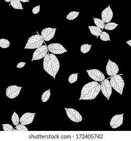 Monochrome black and white colored seamless pattern with raspberry leaves. Plain shadeless background with blackberry or raspberry leaves for decoration.