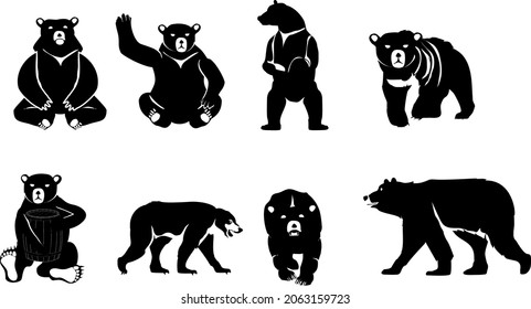 Monochrome black white colors illustration of bear in various poses set