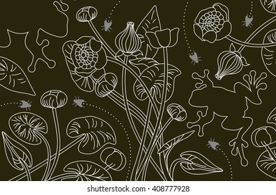 Monochrome black and white contour vector illustration with frogs, fly, and water lilies. Vector 10 EPS.