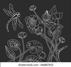 Monochrome black and white contour vector illustration with dragonfly and water lilies. Vector 10 EPS.