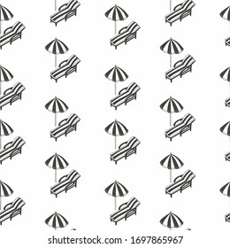 monochrome black and white deck chair and striped beach umbrella, geometric seamless pattern on white background. Isolated vector illustration for printing on textiles, packaging, wallpaper.