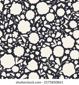 Monochrome black and white ditsy floral silhouettes seamless pattern. Hand drawn nature backdrop with tiny flowers. Doodle blooms and leaves texture.