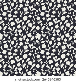 Monochrome black and white ditsy floral seamless pattern. Hand drawn vintage backdrop with tiny flowers. Cottagecore texture with sketchy blooms.