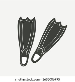 Monochrome, black and white diving flippers, fin. Drawn in flat style illustration. Isolated vector. Ready emblem logo for print.