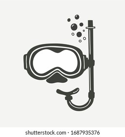 Monochrome black and white diving mask with air bubbles. Diving mask and tube for professionals. Drawn in flat style illustration. Isolated vector. Ready emblem logo for print.