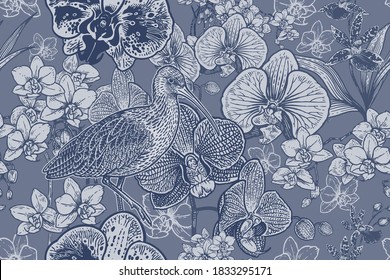 Monochrome Black and white floral seamless pattern. Exotic tropical flowers orchids and birds. Vector illustration. Vintage. Flower background for fabrics, paper, wallpaper, textile and other.