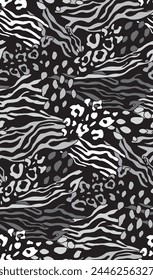 Monochrome black and white grey animal roar leopard tiger print seamless pattern jungle