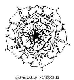 Monochrome black and white hand-drawn mandala. Coloring book with floral elements.   Vector illustration on a white background.