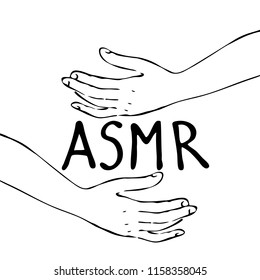 Monochrome black and white hands making smooth movements with text asmr. Hand drawn, isolated on white background.