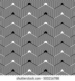 Monochrome, black and white hexagonal lines shapes pattern wallpaper background.