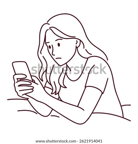 Monochrome black and white illustration of young woman suffering insomnia, lying in bed late at night scrolling social media on smartphone unable to sleep