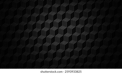 Monochrome Black and White Isometric Halftone 3D Cubes with Light Effect Pattern. Hexagon Tiles Pattern. Minimal Geometric Background Texture. Vector Illustration.