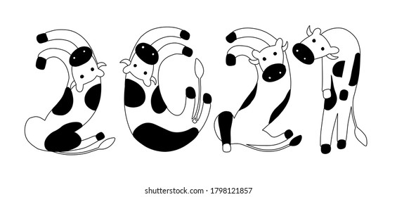 monochrome black and white outline logo of the new year according to the Chinese zodiac horoscope. celebration of 2021. concept image of cows in the form of numbers 2021.