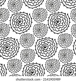 Monochrome black and white pattern with abstract flowers in doodle style. Hand drawn seamless decorative texture with spiral plants for modern textile product design. Print for pillow covers, clothes.