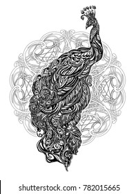 monochrome black and white peacock tattoo on a mandalve background in art nouveau style