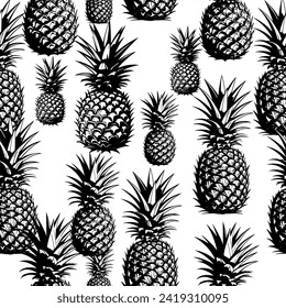 monochrome black and white pineapple - Seamless pattern, realistic sketch, laconic, minimalistic vintage style , vector botanical seamless background