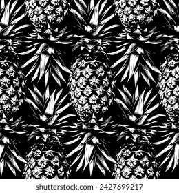 monochrome black and white pineapple - Seamless pattern, realistic sketch, laconic, minimalistic vintage style , vector botanical seamless background