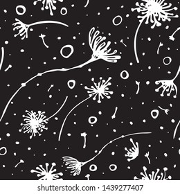 Monochrome black and white Playful mood summer botanical seamless pattern of wild plants,flowers,seeds and pollen. Design for fashion,fabric,wallpaper,web,wrappimg,stationary and prints 