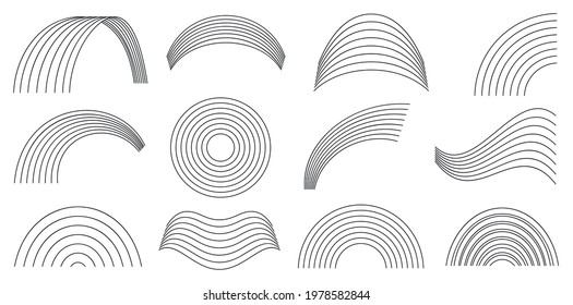 Monochrome black and white rainbow for coloring book for child. Rainbows vector flat symbols isolated on a white background. Spectral shapes. Circle, wave, half and part of the mold