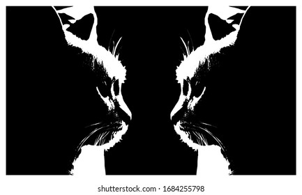 monochrome black and white real silhouettes of cat heads in profile isolated on a  black background 