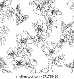 Monochrome, black and white seamless background with butterflies and blossom apricot. Elegant floral elements for design. Can be used for wallpaper, decoration for bags and clothes.