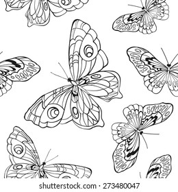 Monochrome, black and white seamless background with butterflies. Elegant elements for design, can be used for wallpaper, decoration for bags and clothes. Hand drawn contour lines and strokes.