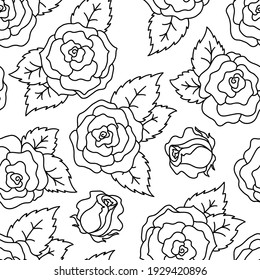 patrón monocromo sin costuras en blanco y negro con rosas, hojas. Líneas de contorno dibujadas a mano