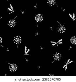 Vector monocromo de patrón sin soldadura en blanco y negro con flores de soplo y libélulas. bella ilustración dibujada a mano en negro
