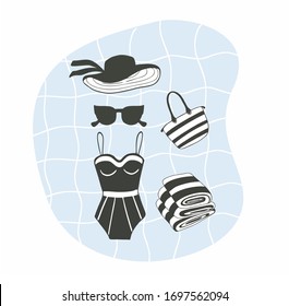 monochrome black and white set of beach items, sunglasses, hat with ribbons, vintage swimsuit, bag and folded striped towel. Isolated vector illustration
