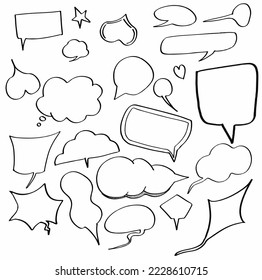 monochrome or black and white set of blank speech bubbles, chatting box, message box outline. Balloon doodle style of thinking sign symbol. isolated on white background. icon vector illustration.