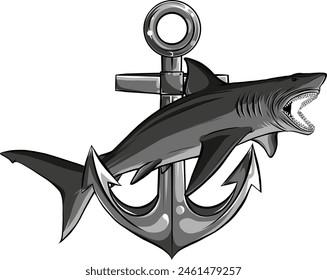 monochrome Black White Shark With Anchor Vector