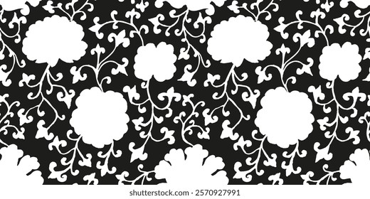 Monochrome black and white silhouette of raw edge chinoiserie seamless pattern. Ginger jar floral repeat design. Chinese traditional art print.