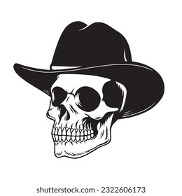 Monochrome black and white skull with cowboy hat. Vector illustration print on tshirts jacket and souvenirs. Vintage tattoo hand drawn style